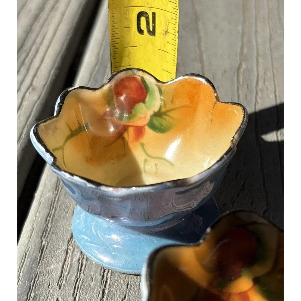 Vintage Lustre Open Salt Cellars‎ dessert Bowls Orange Blue floral Set Of 6